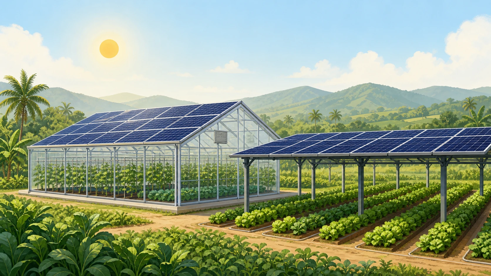 SunCube solar-crop infrastructure combining a photovoltaic greenhouse and elevated solar shading over open-field crops