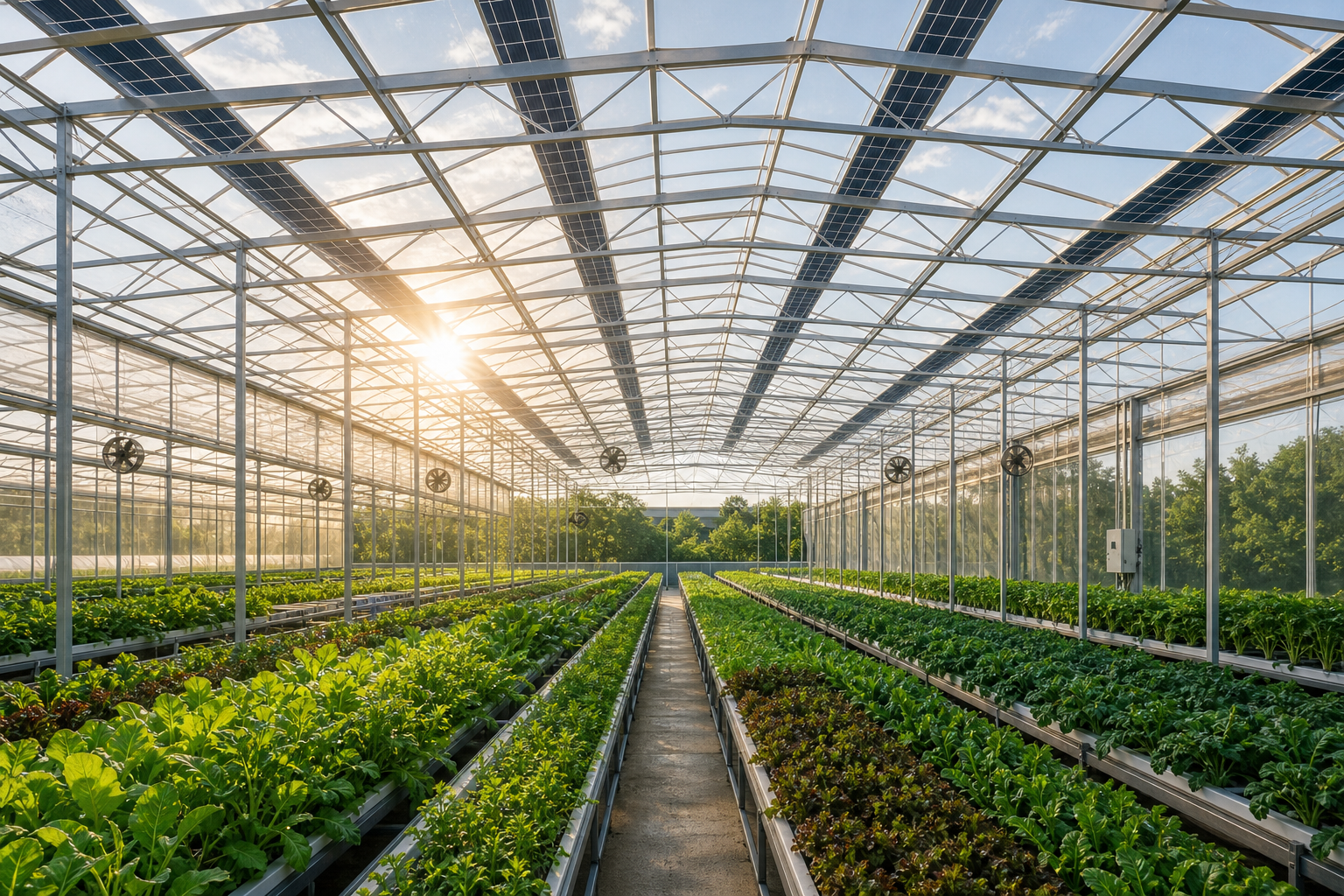 Hydroponic crops growing beneath integrated solar panels